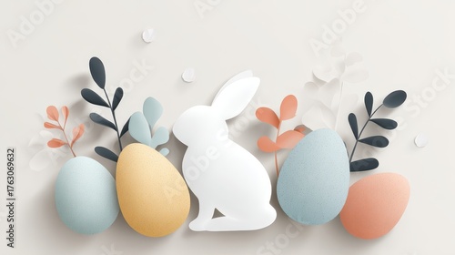 Pastel Easter - Bunny, Eggs, and Floral Paper Cutout Arrangement.