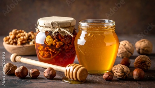 Close-up of honey jars, dipper, and nuts on a rustic surface