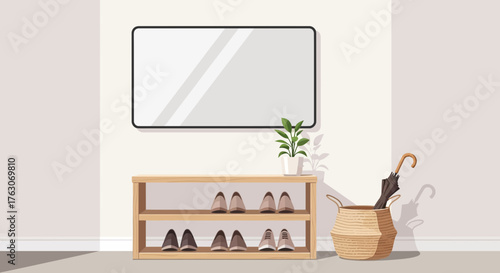 Entryway with Shoe Rack Mirror Plant and Umbrella Stand.