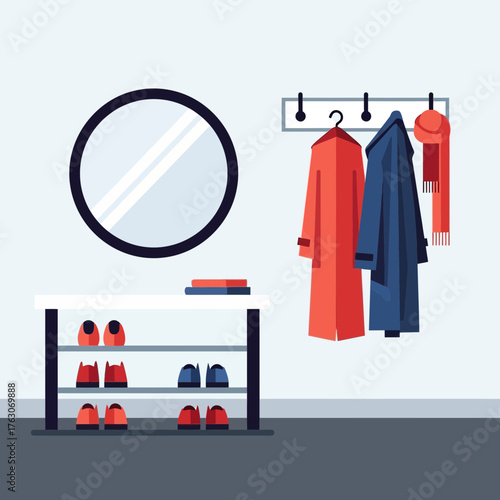 Hallway interior with mirror shoe rack and coats on hangers.