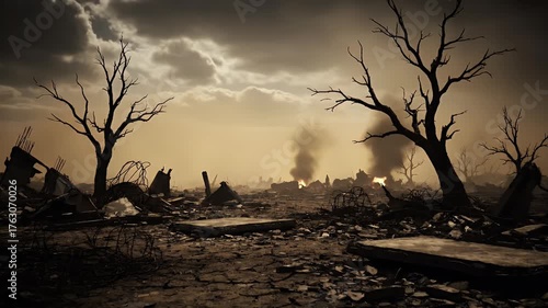 War-torn Landscape: Ruins, Destruction, and Bare Trees Under a Cloudy Sky
