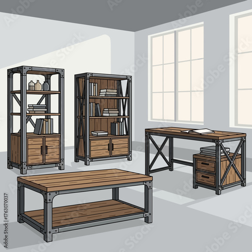 Industrial Style Furniture Set with Wood and Metal Accents.