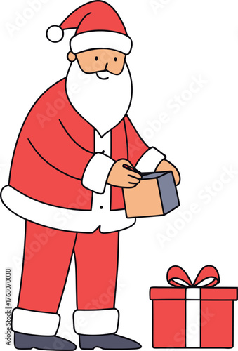 Cheerful Cartoon Santa Claus Holding Open Brown Gift Box Next to Red Bowed Present Vector Illustration