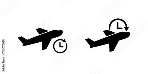 Airplane delay icon isolated on white background. Flight schedule with clock symbol