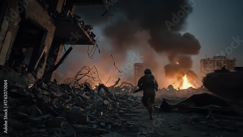Urban Warfare: Soldier Amidst Destruction and Fire in a War-Torn Cityscape