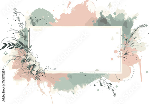 Delicate pastel bouquet and leaf accents surround a double white frame in a watercolor style. Ideal for invitations, posters, or greeting cards, conveying elegance, calm