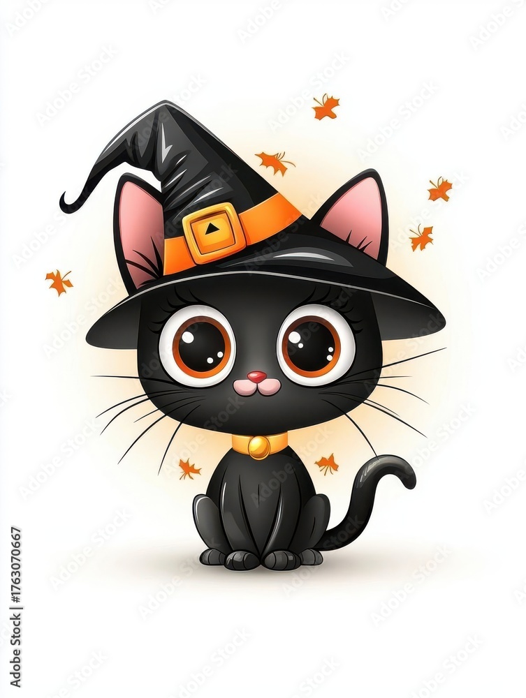 Fototapeta premium Cute black cat in a witch hat, surrounded by autumn leaves, white isolate background.