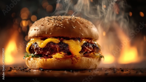 Sizzling Gourmet Burger Ignited by Fiery Flames and Wisps of Smoke.
