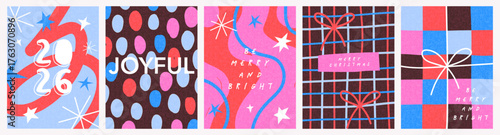 Merry Christmas and Happy New Year greeting card, banner, poster, cover templates. Modern bright Xmas design with doodle elements, frames, stripes, dot and checkered pattern, waves, snowflakes, stars.