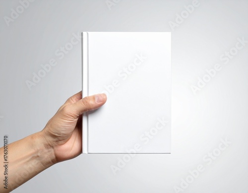 白い表紙の本を片手で持っている