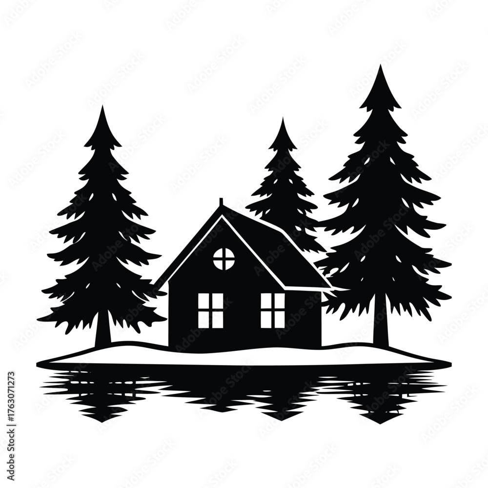 Obraz premium Winter Cabin by Frozen Lake Vector Silhouette Landscape