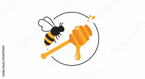 Illustration of a bee next to a honey dipper with dripping honey.