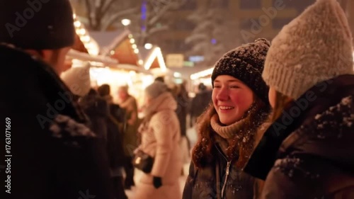 Young woman laughing and chatting with friends at festive outdoor winter market with lights and holiday stalls at night