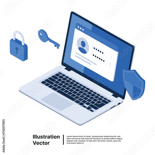 Secure Login on Laptop Illustration with Key, Lock, and Shield for Data Protection