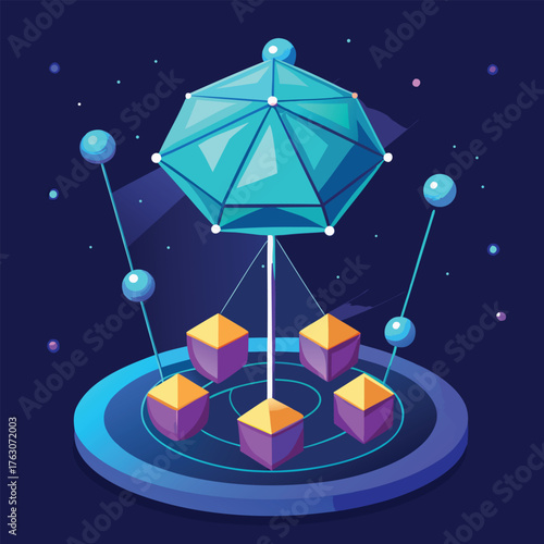 3d umbrella hovering over glowing network nodes .eps
