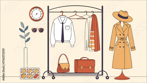 Fashion clothing and accessories display on rack and mannequin vector illustration