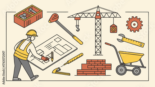 Construction worker with blueprint crane tools gear hammer drill wrench blueprint vector illustration