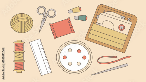 Crafting supplies sewing kit scissors thread needle yarn paintbrush palette illustration vector