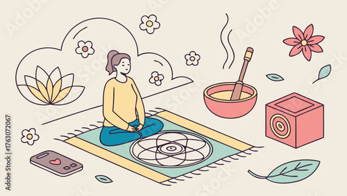 Serene woman meditating in lotus pose yoga mat surrounded by peaceful elements vector illustration