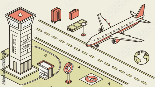 Isometric vector illustration of airport scene with airplane luggage and control tower for travel concepts