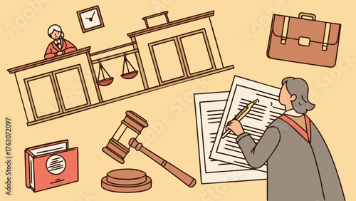 Vector illustration of legal symbols scales gavel judge courthouse document book justice and law