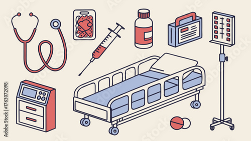 Medical equipment illustration vector set healthcare icons stethoscope syringe blood bag hospital bed