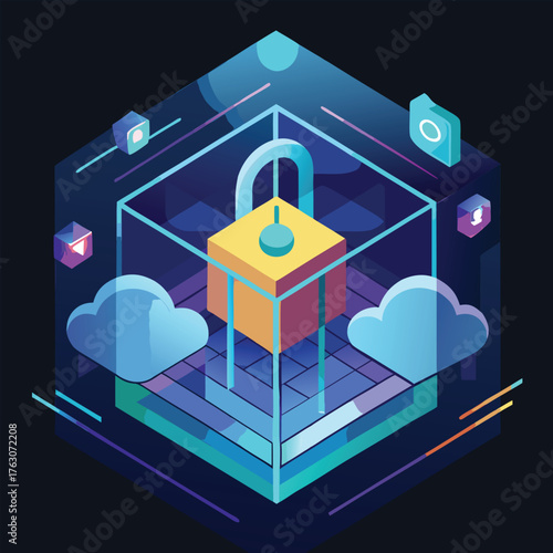cloud and lock structure inside a glowing cube .eps