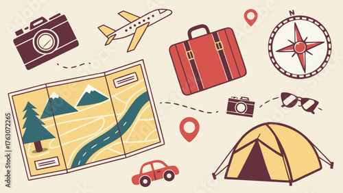 Travel illustration vector icons set passport airplane suitcase camera map compass tent