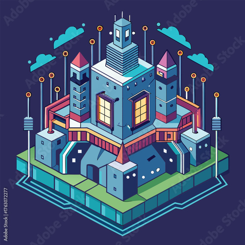cyber fortress with circuit board architecture .eps