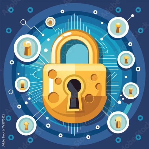 golden padlock surrounded by floating binary numbe.eps