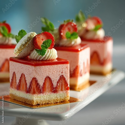 Vibrant Strawberry Mousse Squares with Fresh Berries, Cream, and Mint Garnish on White Platter.