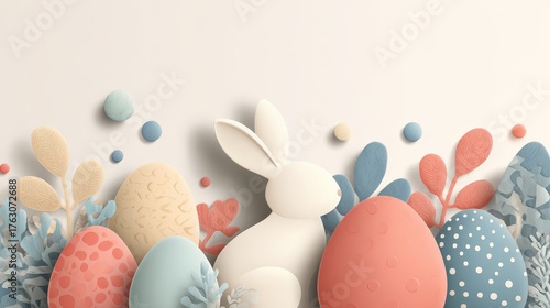 Whimsical Easter Bunny Surrounded by Pastel Eggs and Decorative Foliage.