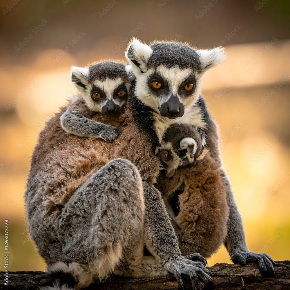 Fototapeta premium A ring-tailed lemur family cuddles together, displaying their dark rings