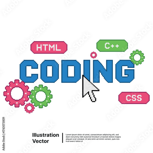Coding and Programming Concepts with HTML, CSS, and C++ Represented by Icons and Pixelated Letters