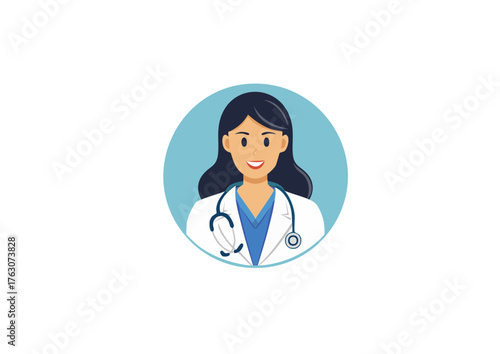 Modern vector illustration of a professional female doctor avatar, ideal for digital healthcare platforms, online consultations, and medical profile representation