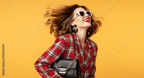 Stylish Woman in Plaid Jacket and Sunglasses