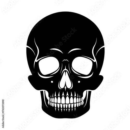 Striking black skull graphic iconic symbol of mortality and the macabre for artistic projects and themed designs isolated on white background