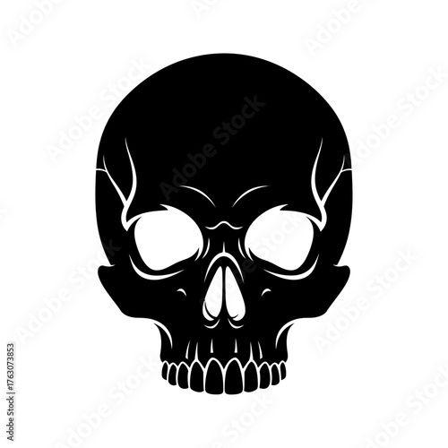 Bold black skull silhouette detailed front view mysterious eerie halloween gothic themed graphic element isolated on white background