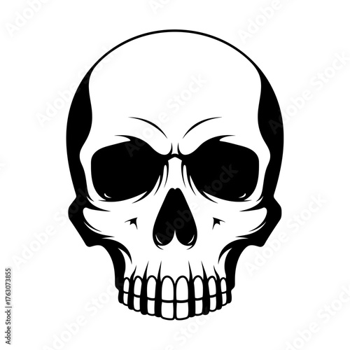 Detailed black and white skull graphic with empty eye sockets and realistic teeth symbolizing mortality and danger isolated on white background