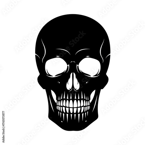 Dark and mysterious human skull with detailed features and grinning teeth symbolic of death and danger in a bold graphic style isolated on white background