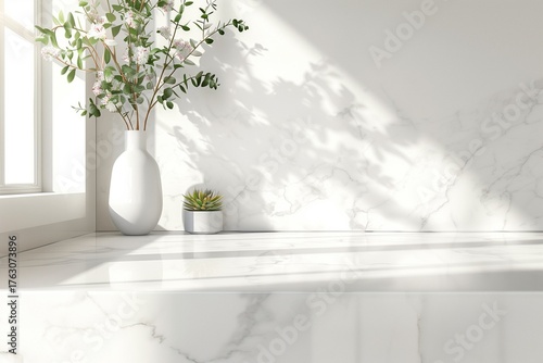 Bright white marble countertop with soft daylight reflections, clean background mockup scene.
