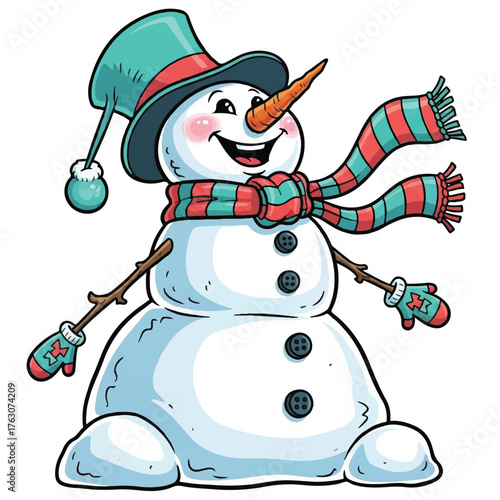 Smiling Snowman: A jovial snowman, adorned with a whimsical top hat, a cheerful scarf, and carrot nose, invites the warmth of winter and holiday cheer.