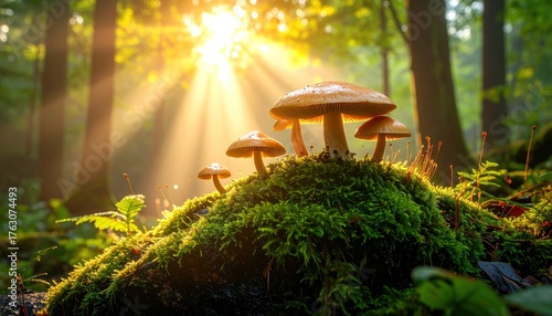Mushrooms in Sunlight Forest Nature Scene Background.