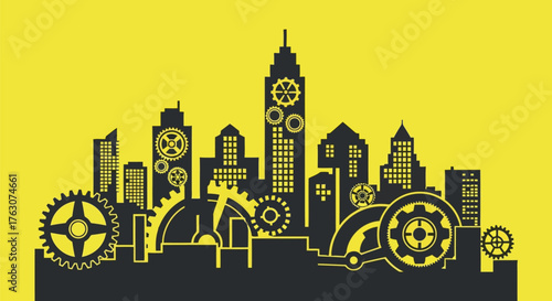 Industrial city skyline silhouette with gears and cogs vector illustration for mechanical engineering and urban development concep