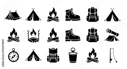 Camping and outdoor adventure icon set simple black glyph vector symbols for travel and recreation transparent background
