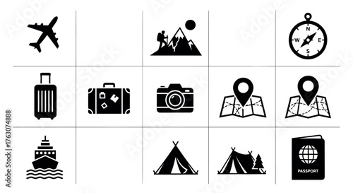 Set of travel and tourism icons simple black glyph vector symbols for vacation planning transparent background
