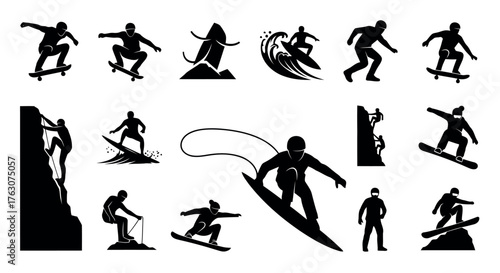 Set of extreme sports silhouette icons vector illustration of various activities transparent background