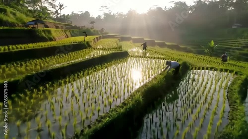 Farmers Planting Rice in Lush Green Paddy Fields at Sunrise with Wide Shot