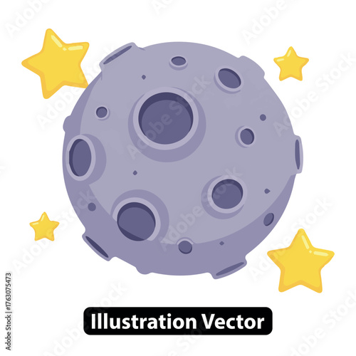 Stylized cartoon illustration of a gray moon with craters, a celestial body in space surrounded by bright yellow stars