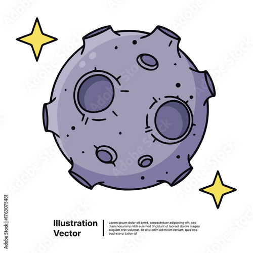 Cute cartoon moon illustration with textured craters and radiant stars, perfect for space exploration graphics